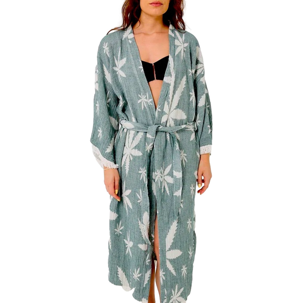 Luxury Woven Granola Green Hippie Wild Desert Leaf Robe Midi Duster UNIQUE NEW!